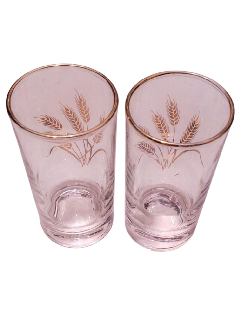 Pair Homer Laughlin Wheat Juice Glasses 4 Oz Gold trim & Wheat Clear Glass 4" H - Picture 3 of 5